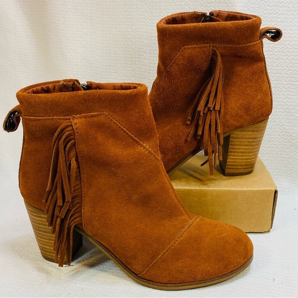 TOMS Suede Booties Womens Sz 7.5 Cinnamon Brown W. Fringe 3” Heel - Picture 4 of 10